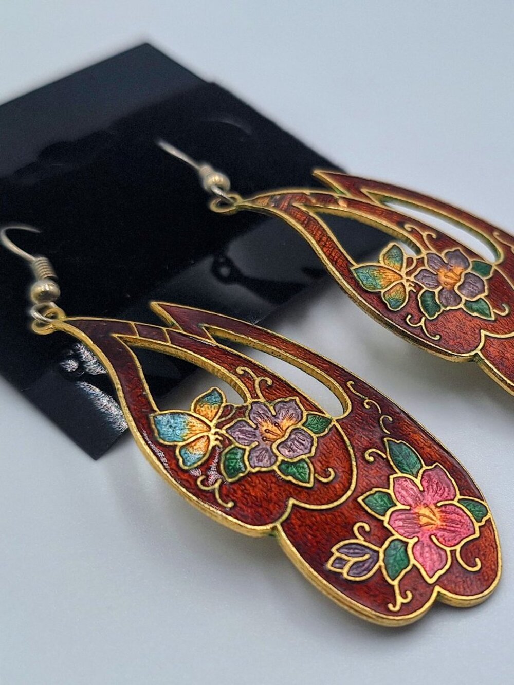 Vintage Cloisonné Enamel Hand Painted Floral Maroon Red Pierced Dangle Earrings